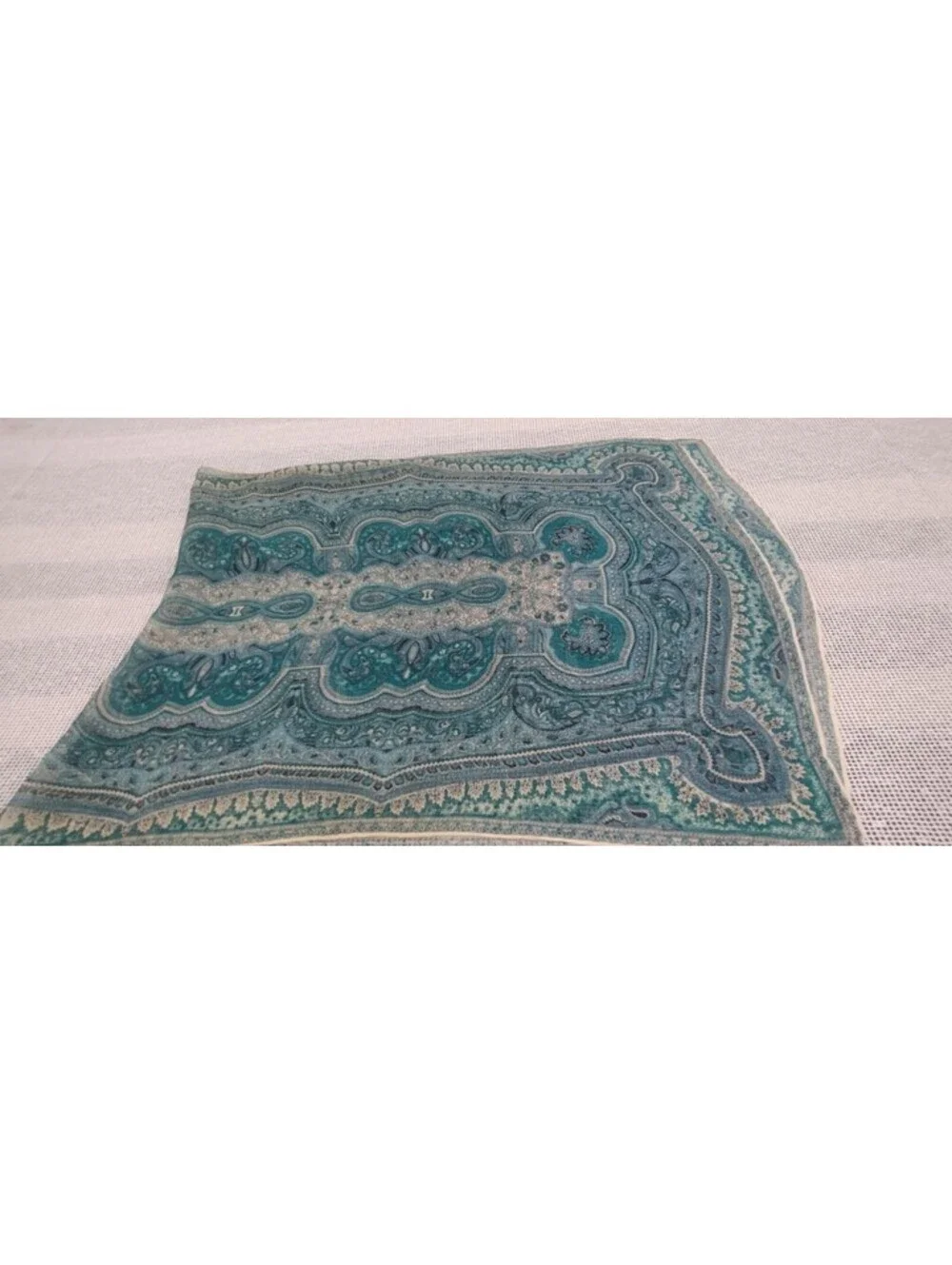 Vintage 50s 60s Silk Chiffon Scarf  Big Indian Paisley Teal Green Wide Oblong